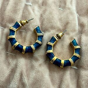 Kenneth Jay Lane Enameled Bamboo Earrings Pierced Ears Gold Tone Blue Teal KJL
